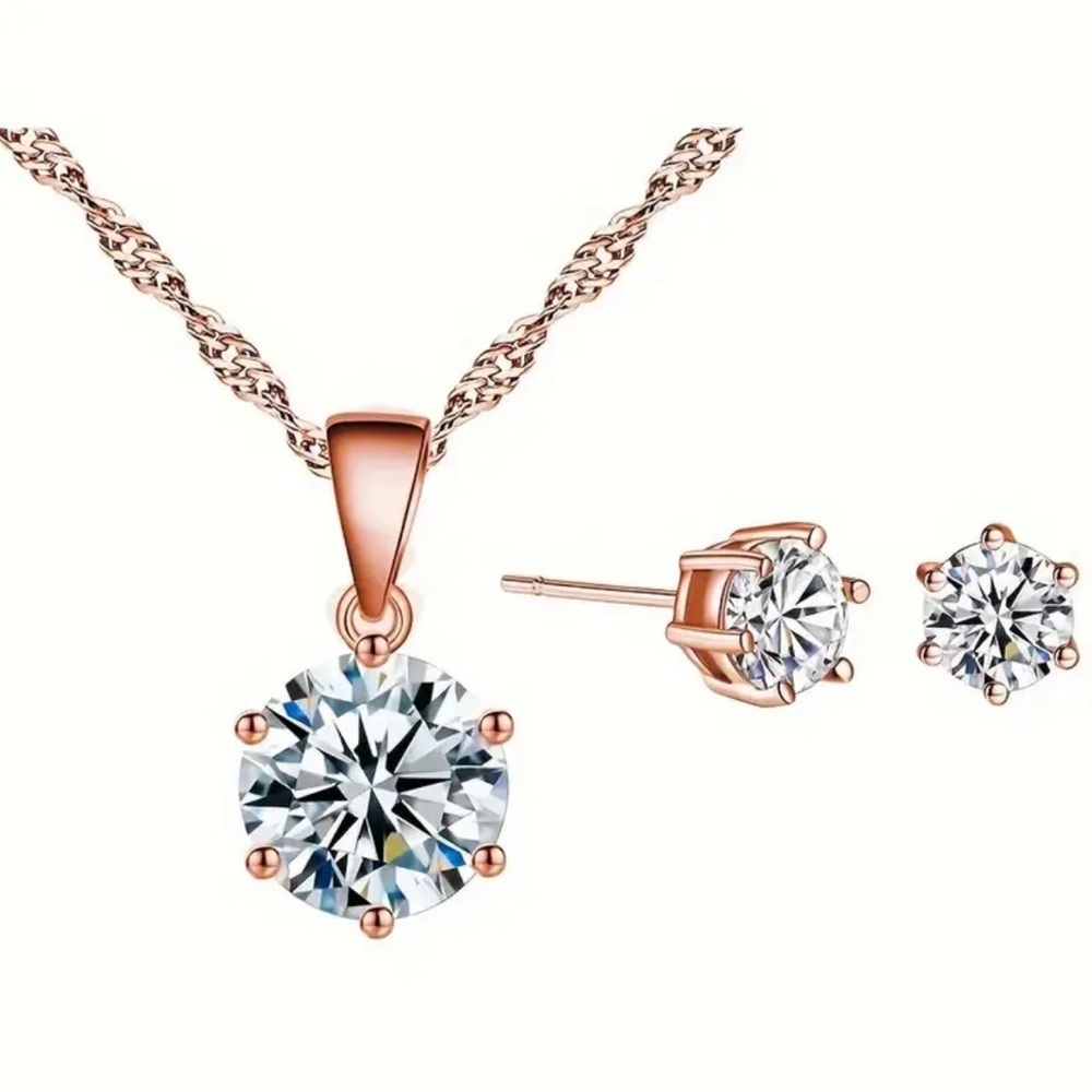 Rose Gold Diamond Set Necklace Ring Earrings - Picture 2 of 3